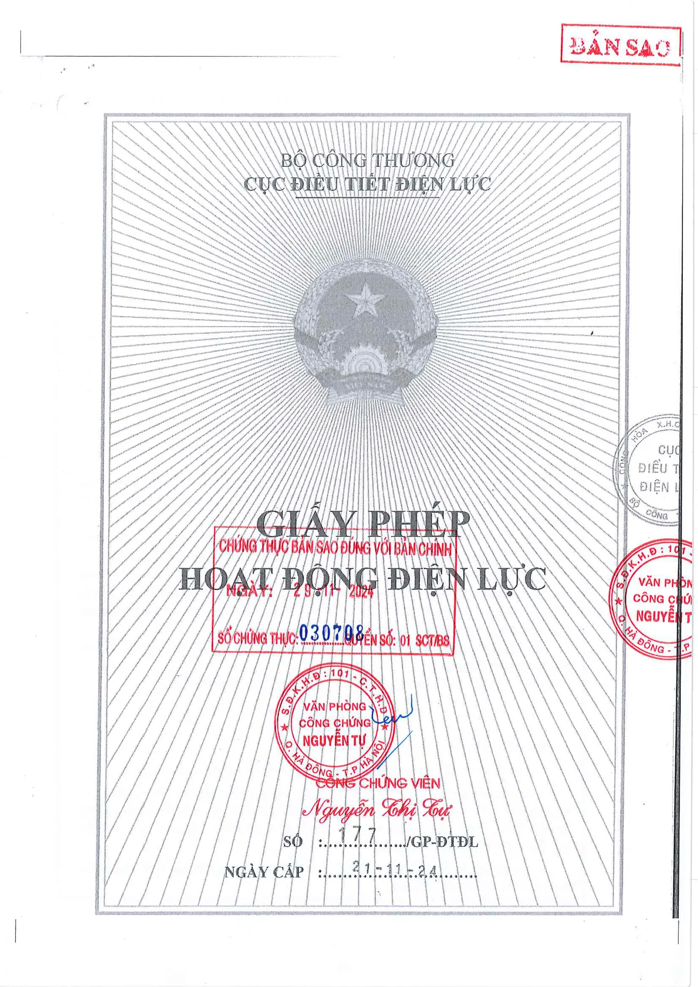 Giấy phép hoạt động Điện lực 177/GP-ĐTĐL của PEC6